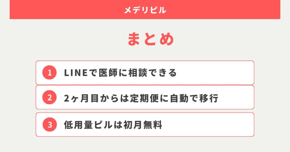 まとめ：メデリピルは初月の料金が抑えられ、LINE相談ができる